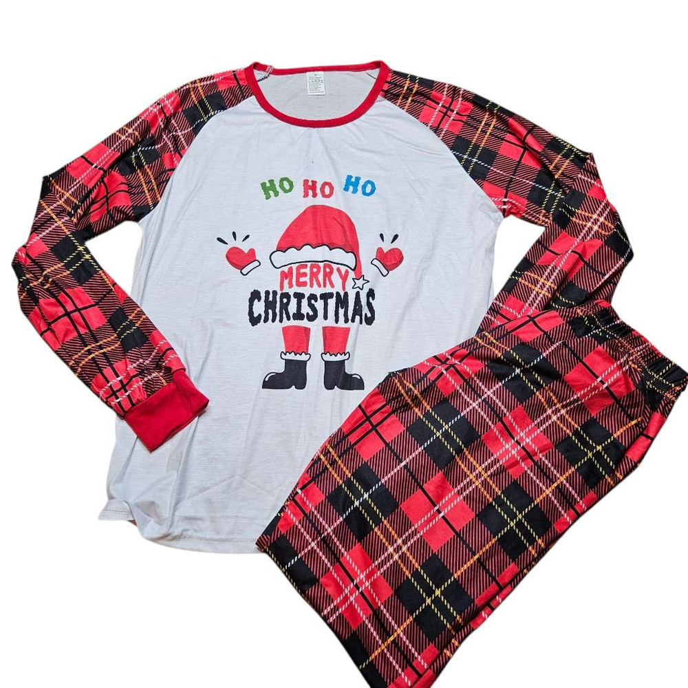 Women's Medium White Red Black Plaid Merry Christmas Santa Long Sleeve PJ Set - Picture 3 of 9